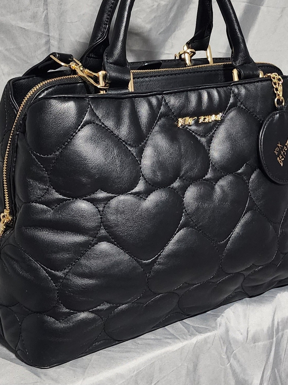 Betsey Johnson Large Black Quilted Puffy Heart Pattern Satchel Shoulderbag Purse